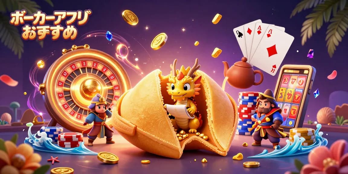 ポーカーアプリおすすめで、ドラゴンが運勢を読み上げるゴールデンクッキーのイラスト