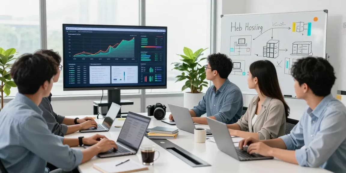 Equipo de especialistas en hosting en México colaborando en oficina moderna, analizando datos de tráfico web.
