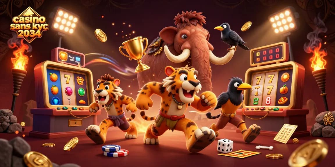 Jeu captivant au casino sans KYC 2034 avec des personnages et éléments dynamiques de casino.