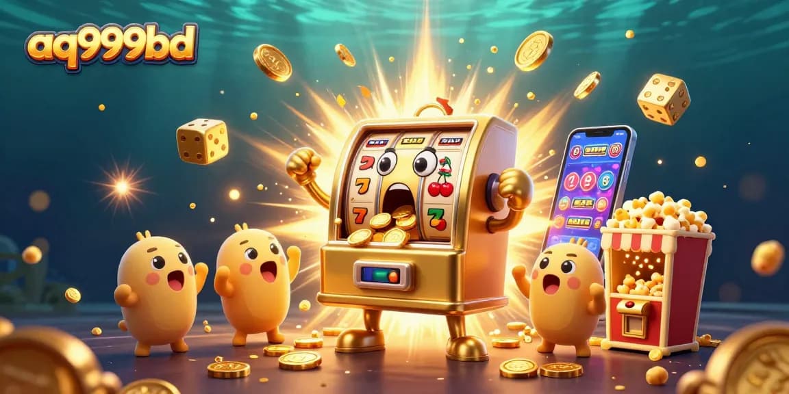 Aq999bd celebrates a jackpot moment with a golden slot machine surrounded by cheering mini slot machines and a popcorn machine.
