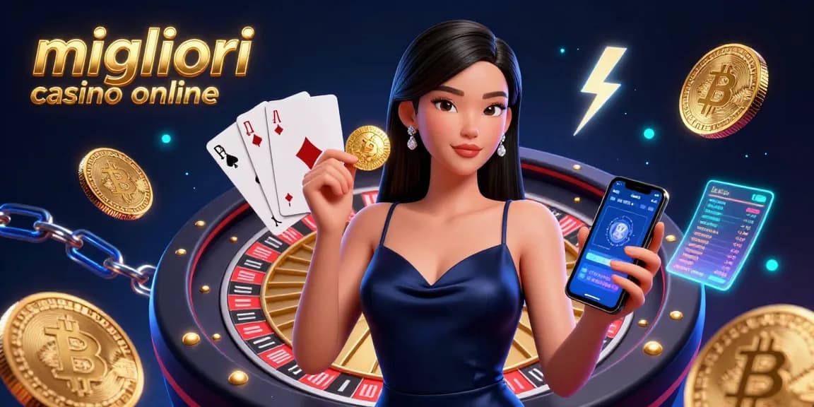 Giocando con i migliori casino online, una donna straordinaria tiene un chip e uno smartphone tra simboli di casinò vibranti.