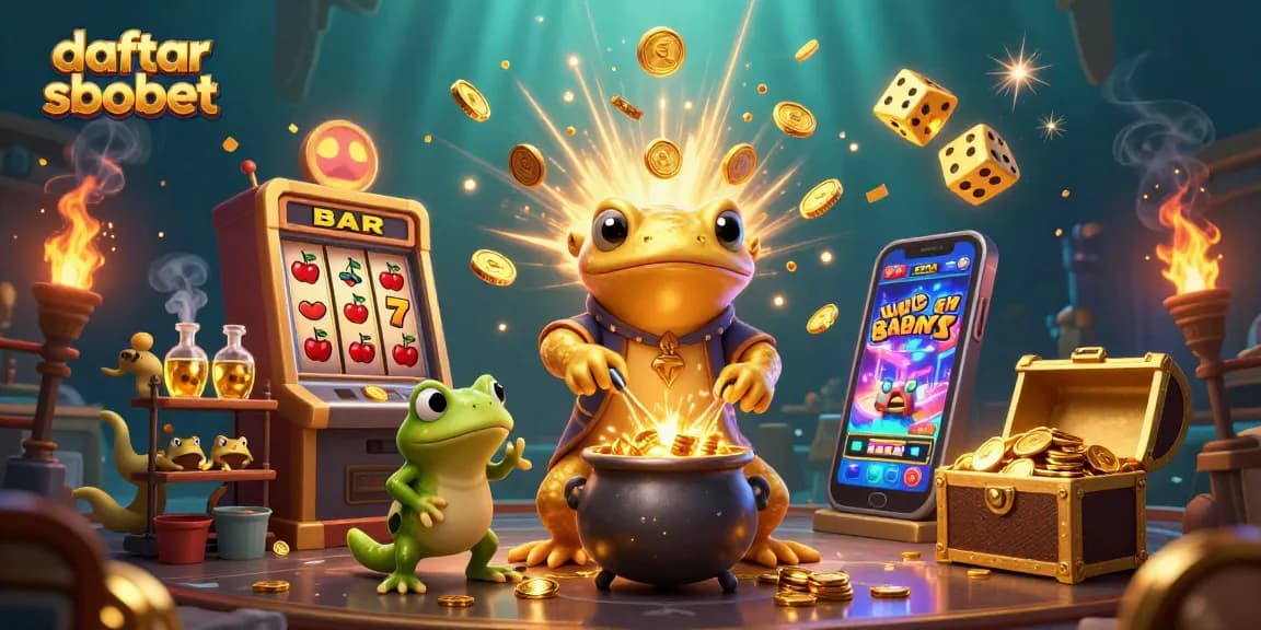 Bet on daftar sbobet with a colorful 3D gaming scene showcasing premium casino elements and alchemical magic.