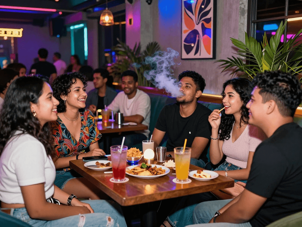 Diverse friends enjoying rokok 88 in vibrant urban lounge surrounded by neon lights and lively atmosphere.