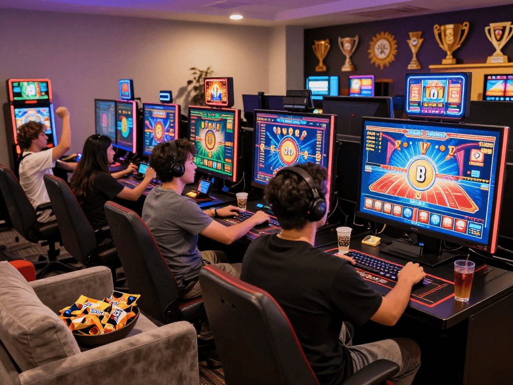 Exciting pasaran togel gaming scene with players celebrating wins and engaging in online gambling.