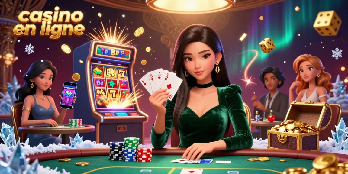 Jouez au casino en ligne avec des jeux passionnants, mettant en vedette une femme asiatique concentrée à une table de poker de luxe.