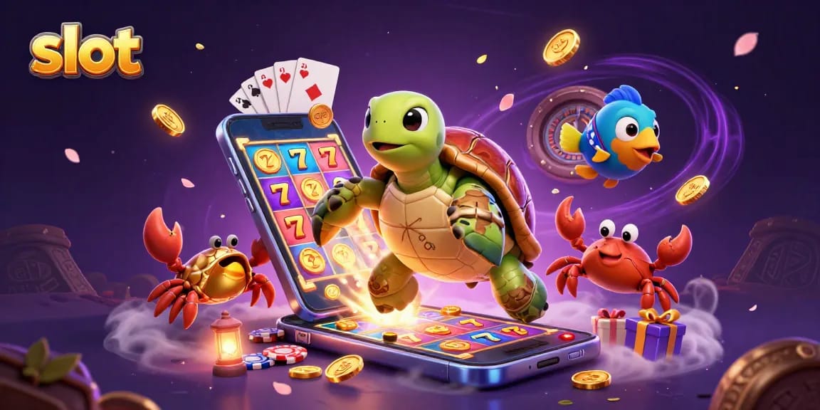 Berbagai slot dan elemen kasino menghibur dalam ilustrasi 3D khas, dengan karakter yang menarik.