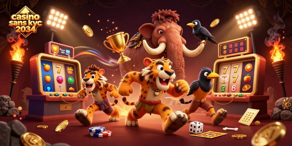 Jeu captivant au casino sans KYC 2034 avec des personnages et éléments dynamiques de casino.