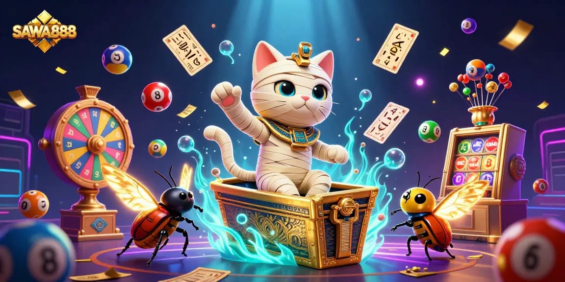 Experience thrilling gameplay with SAWA888 featuring a dynamic Egyptian mummy cat in a vibrant casino scene.