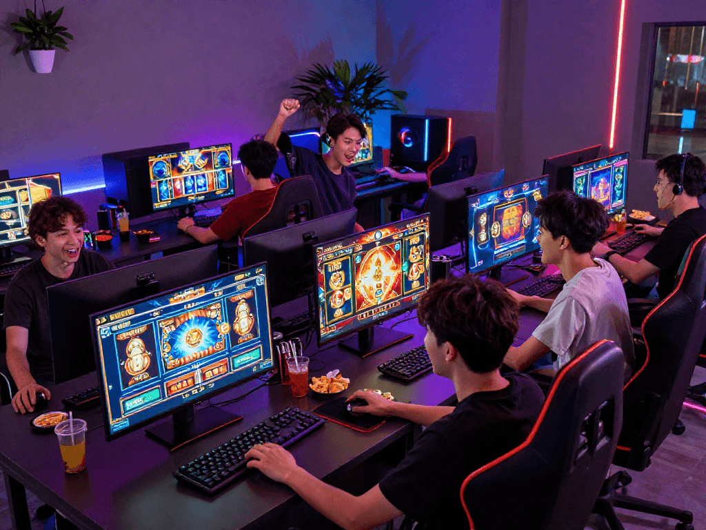 Players enjoying daftar toto 4d games in a vibrant gaming lounge filled with excitement.