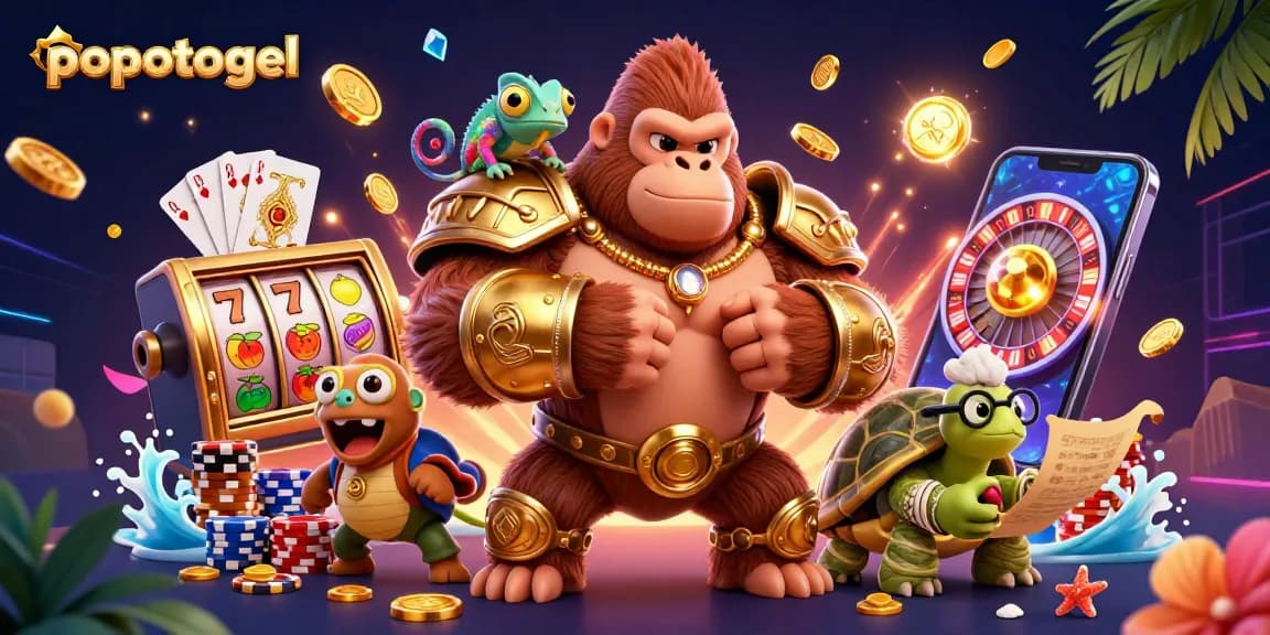 Experience the fierce adventure with the popotogel gorilla king amidst cascading coins and a spinning slot machine.