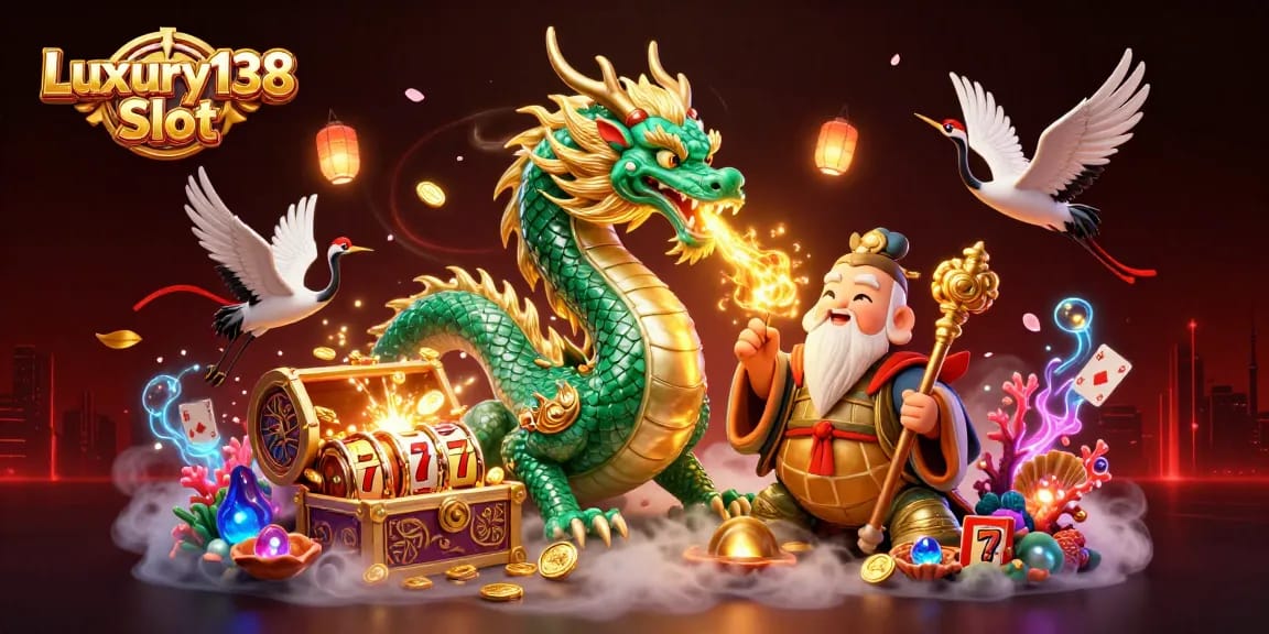 Experience the thrilling Luxury138 Slot with a vibrant illustration featuring dynamic casino elements and lucky symbols.