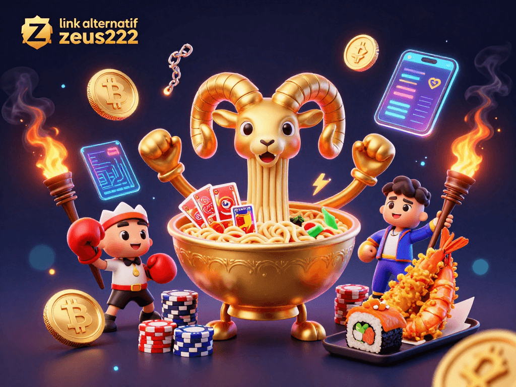 Play thrilling games at link alternatif zeus222 with an engaging casino-themed illustration filled with vibrant characters and crypto elements.