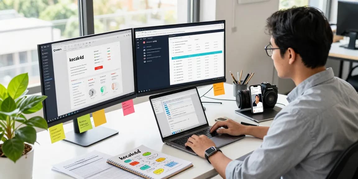 Marketing specialist analyzing "kecak4d" trends in a vibrant digital workspace with multiple screens and creative materials.