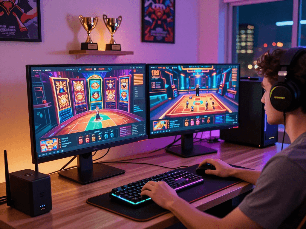 Engaged user logging into Raja328 for an immersive online gaming experience surrounded by vibrant gaming setup.