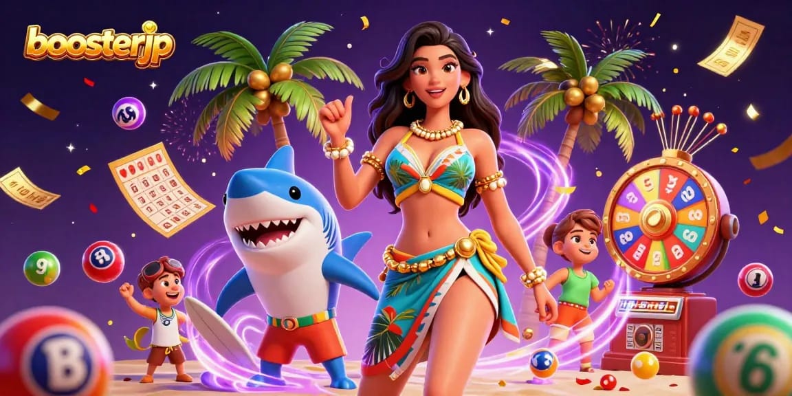 Boost your gaming excitement with boosterjp's vibrant 3D illustration of a winning atmosphere.