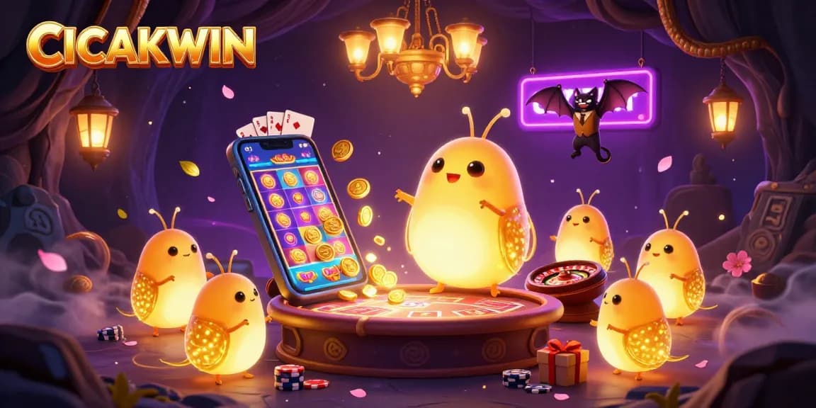 CICAKWIN illuminates a cave casino, capturing excitement with vibrant glowworms and dynamic gambling elements.