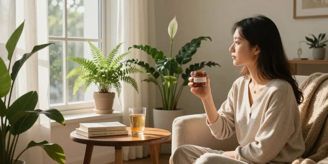 Shilajit resin jar held in a serene living room setting with plants and wellness books.