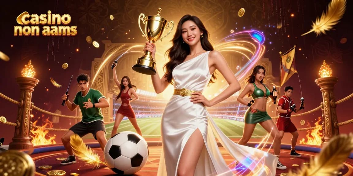 Scopri l'azione del casino non aams con una donna asiatica che tiene trionfalmente un trofeo tra elementi di scommessa vivaci.