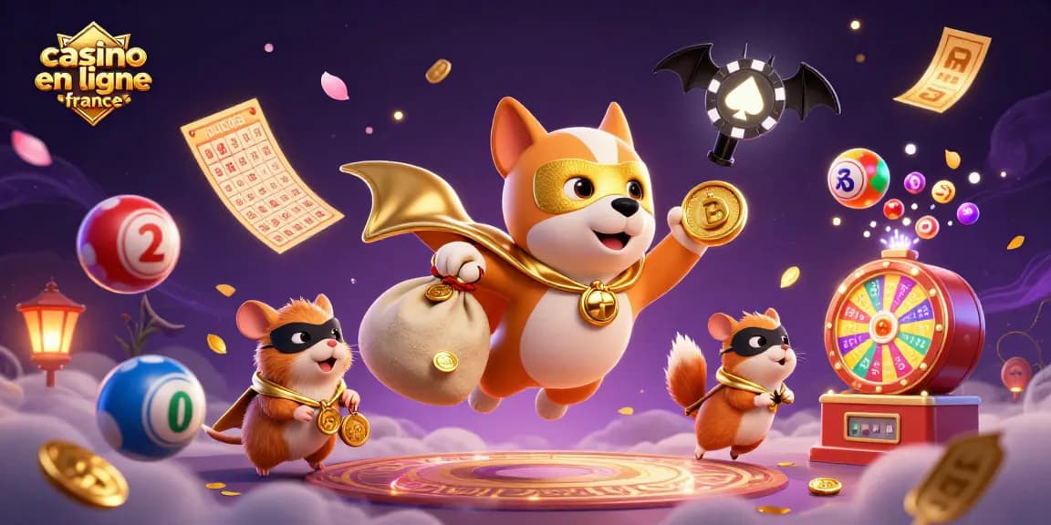 Jouez au casino en ligne France avec un chien super-héros portant des pièces d'or et des ballons colorés.