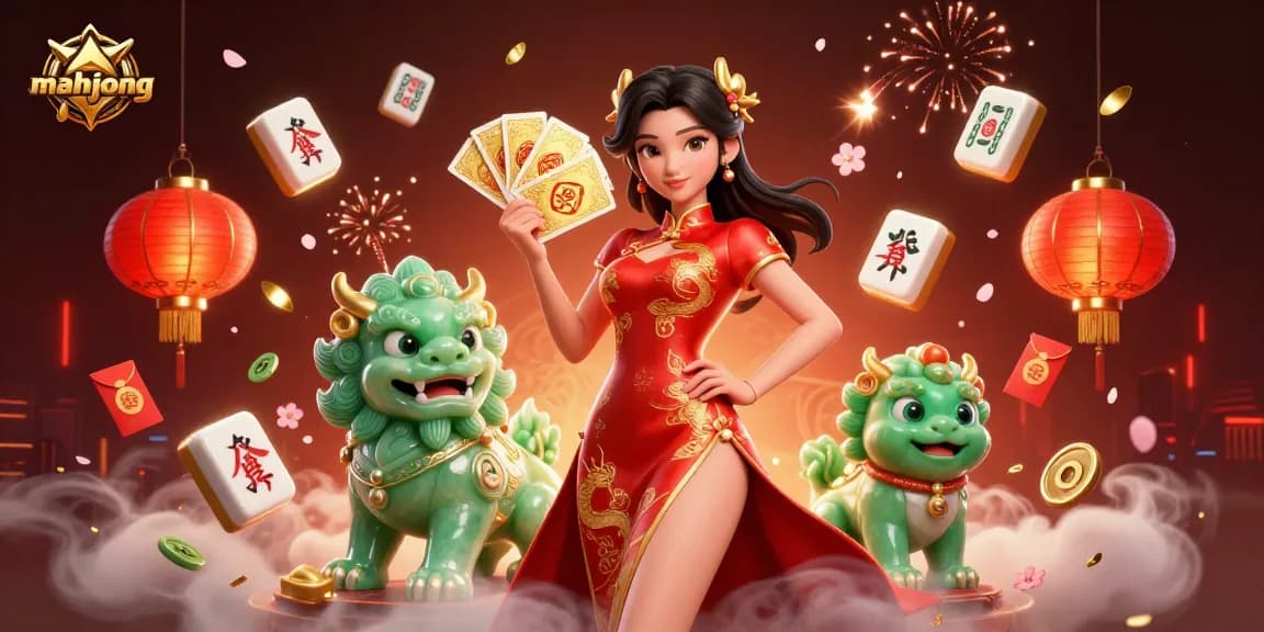 Experience mahjong gameplay with vibrant characters and festive elements in this detailed casino illustration.