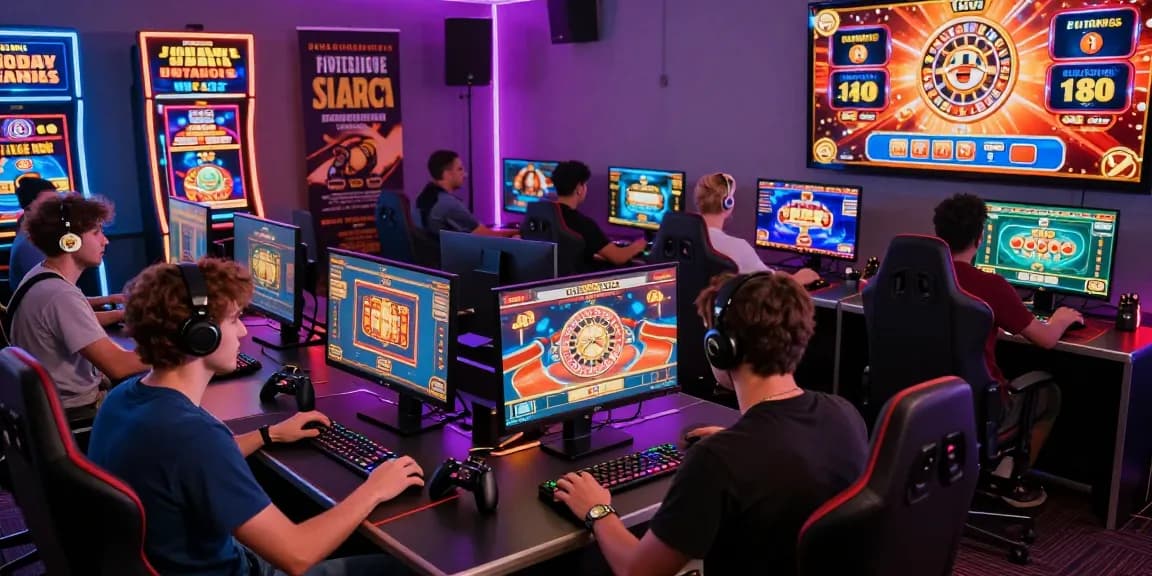 Environnement de jeu en ligne passionnant avec des joueurs profitant des jeux de casino en ligne France, mettant en avant des lumières vives et la technologie.