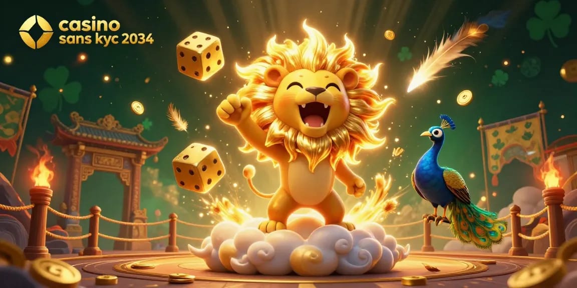 Découvrez le casino sans kyc 2034 avec un lion en 3D et des dés dorés dans un univers captivant.