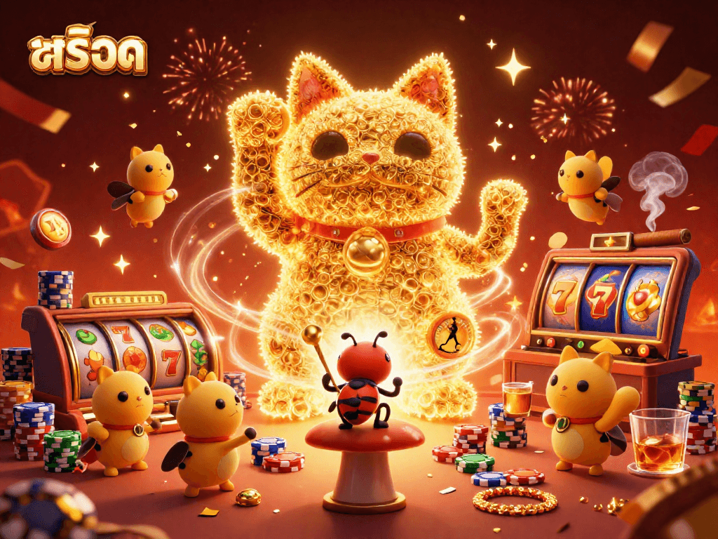Experience สล็อต excitement with vibrant slot symbols and the lucky cat in dynamic 3D illustration.