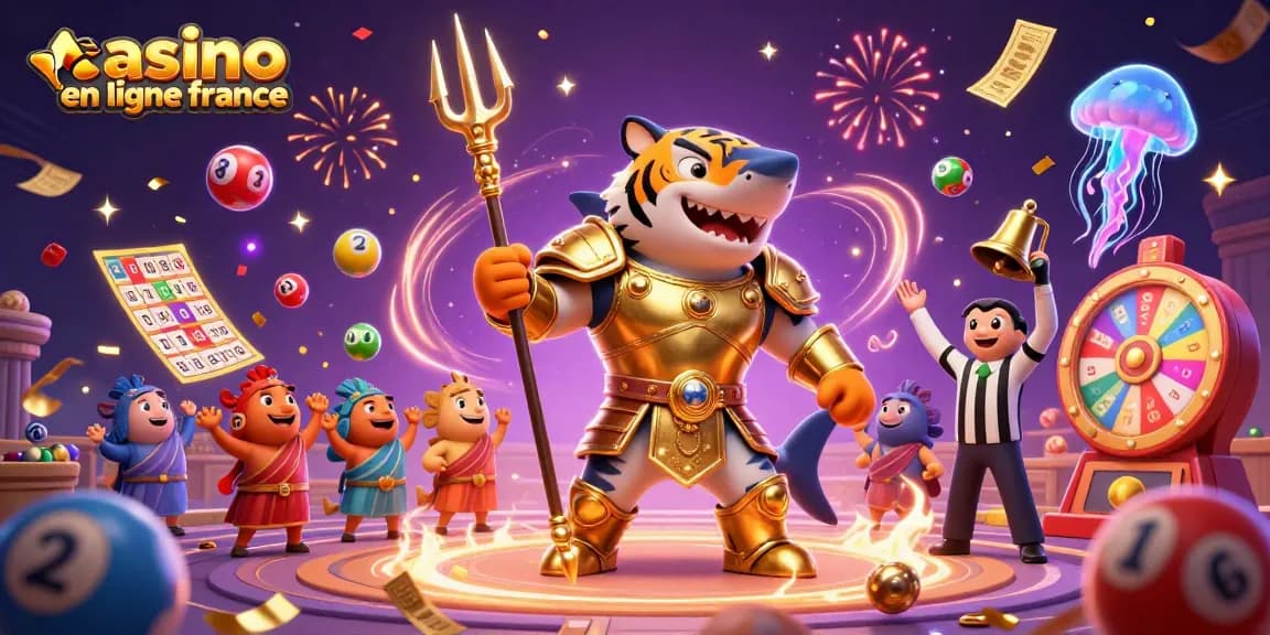 Vivez l'excitation des jeux au casino en ligne France avec un requin tigre en armure dorée et des éléments de loterie colorés.