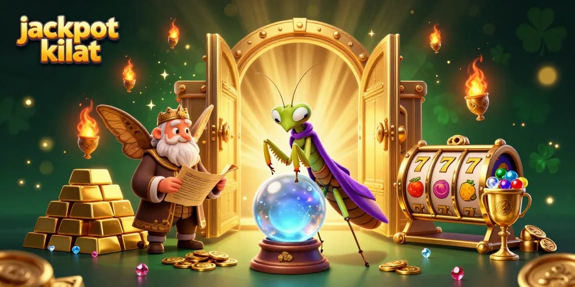 Engaging scene with jackpot kilat elements featuring 3D fortune teller and mining treasures.