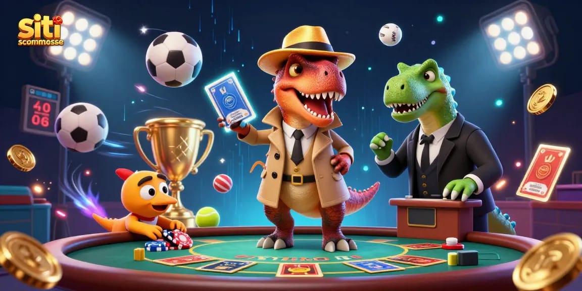 I siti scommesse mostrano un velociraptor che conta le carte e un pit boss stegosaurus al tavolo.