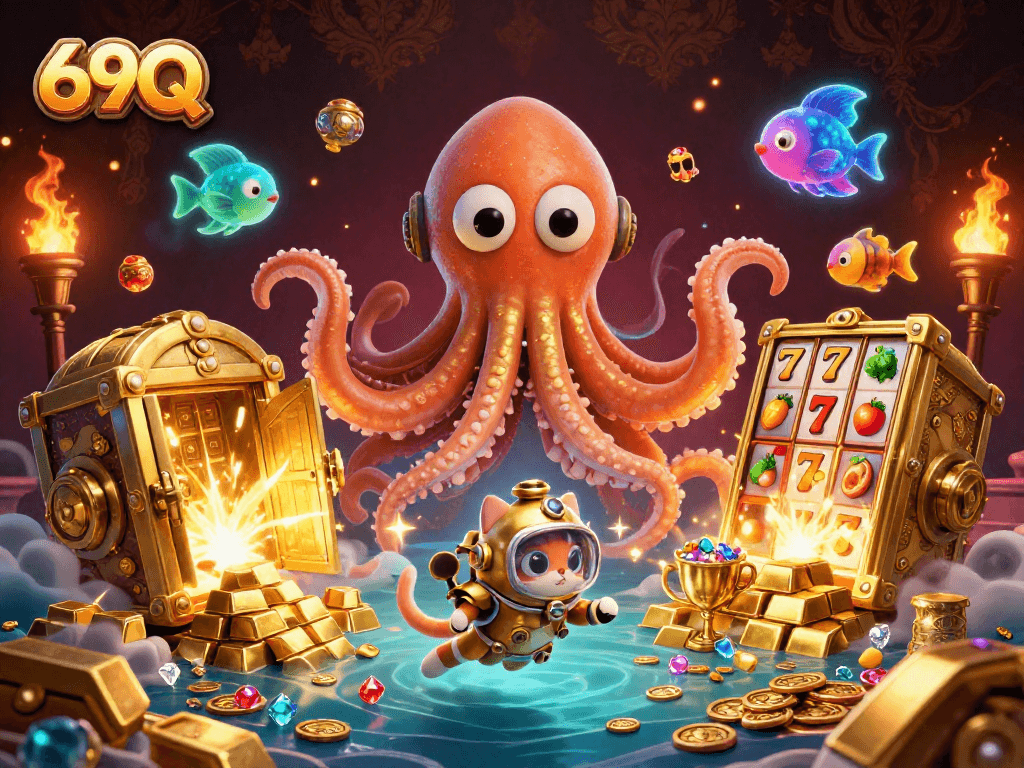 Ganhe jogando 69Q com um kraken e tesouros em cena vibrante de cassino.