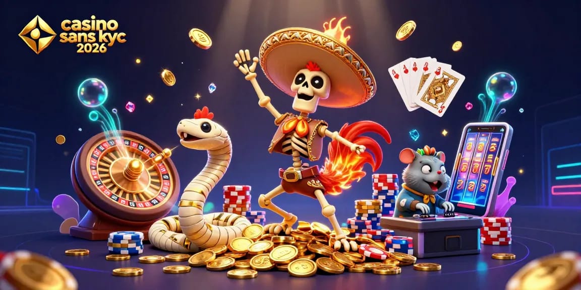 Jouez au casino sans KYC 2026 avec cette scène dynamique d'illustration 3D riche en détails.