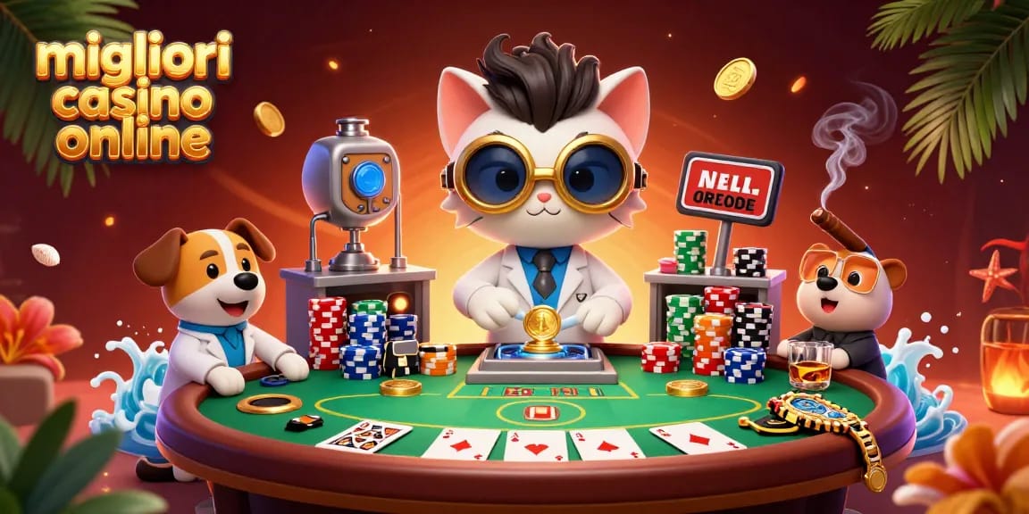 Interagisci con i migliori casino online in un'illustrazione vibrante e dettagliata che presenta elementi iconici dei casinò.