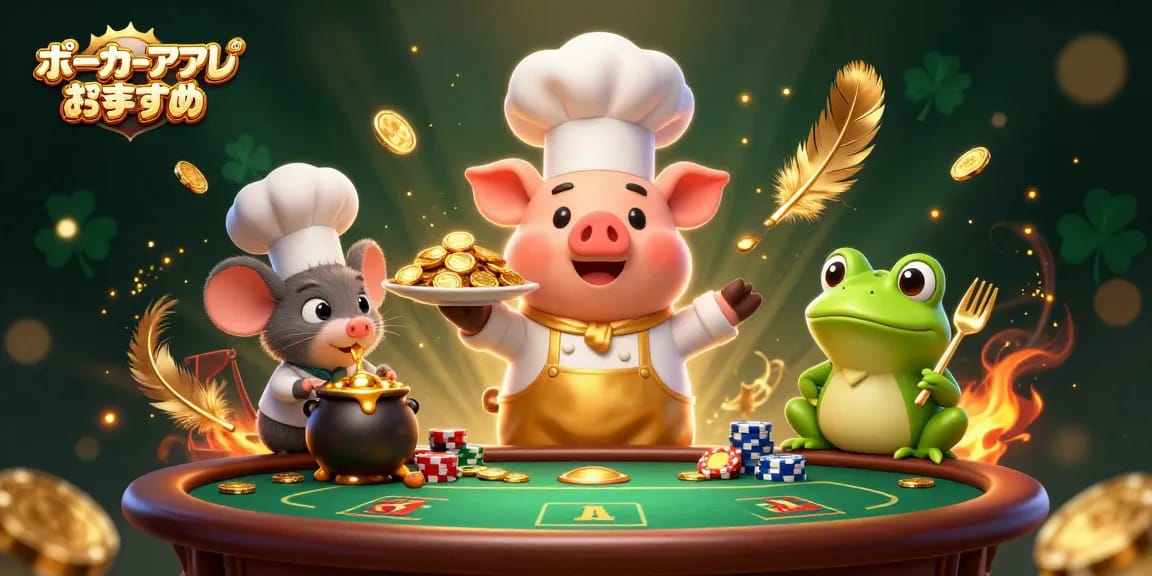 ポーカー アプリ おすすめの魅力を伝えるシーンで、特徴的なキャラクターが交わるイラスト