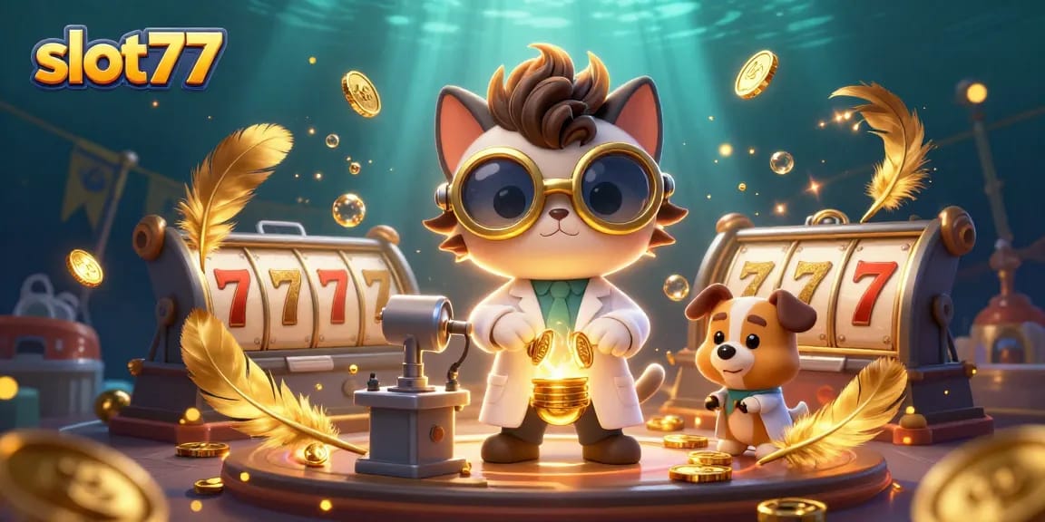 Experience thrilling wins and spins with slot77 in a vivid casino-themed digital illustration.