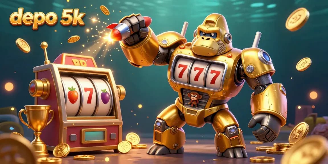 Experience the thrill of depo 5k with an exciting golden gorilla mech amidst dynamic slot game elements.