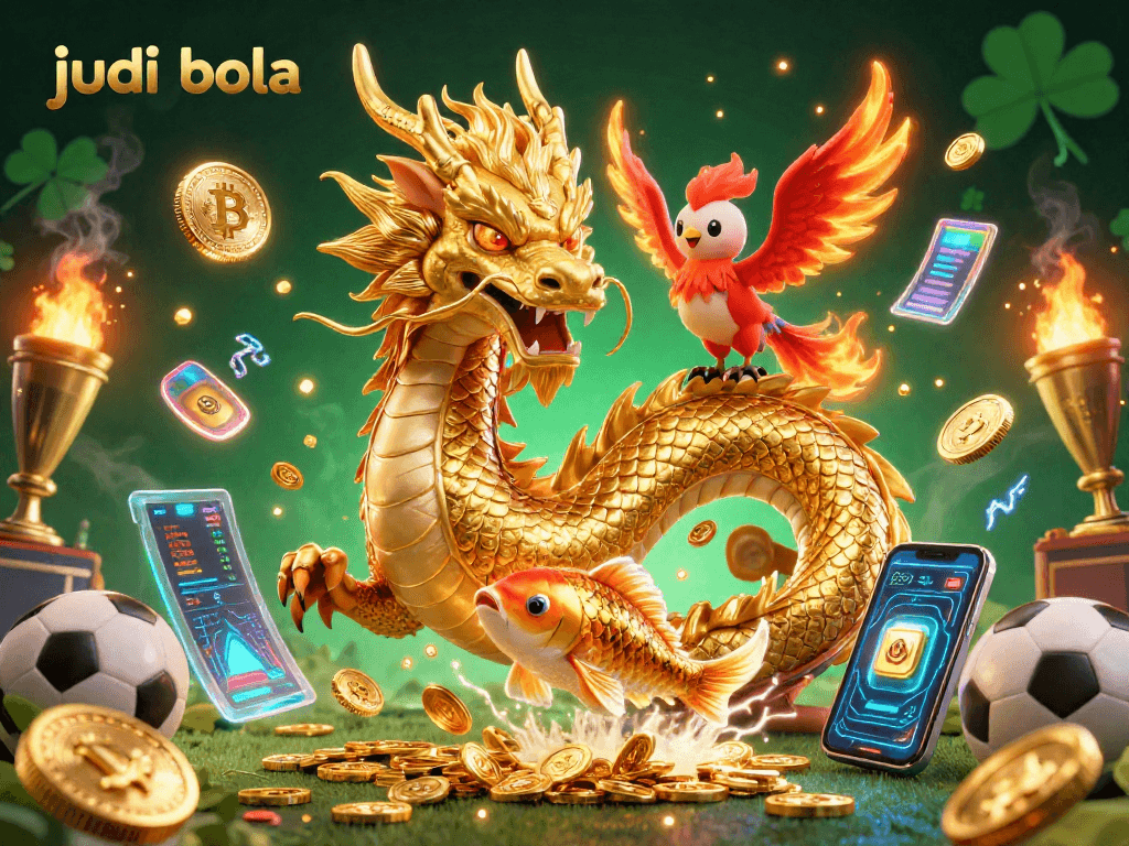 Engage in judi bola with dynamic sports betting elements around a mythical dragon and phoenix.