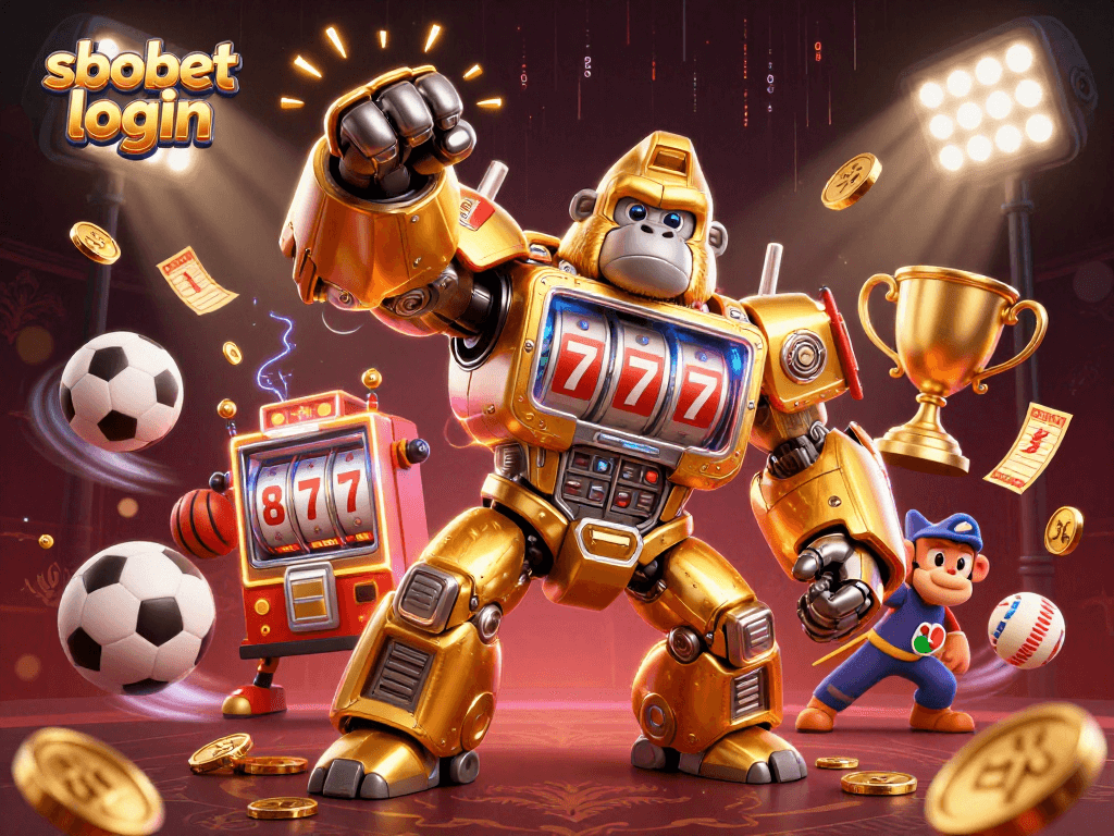 Engage with sbobet login: A vibrant 3D gaming scene featuring a golden gorilla mech and dynamic sports elements.