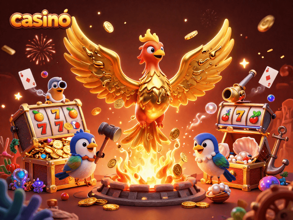 Experience winning moments at the casino with a vibrant scene of a golden phoenix and dynamic gaming elements.