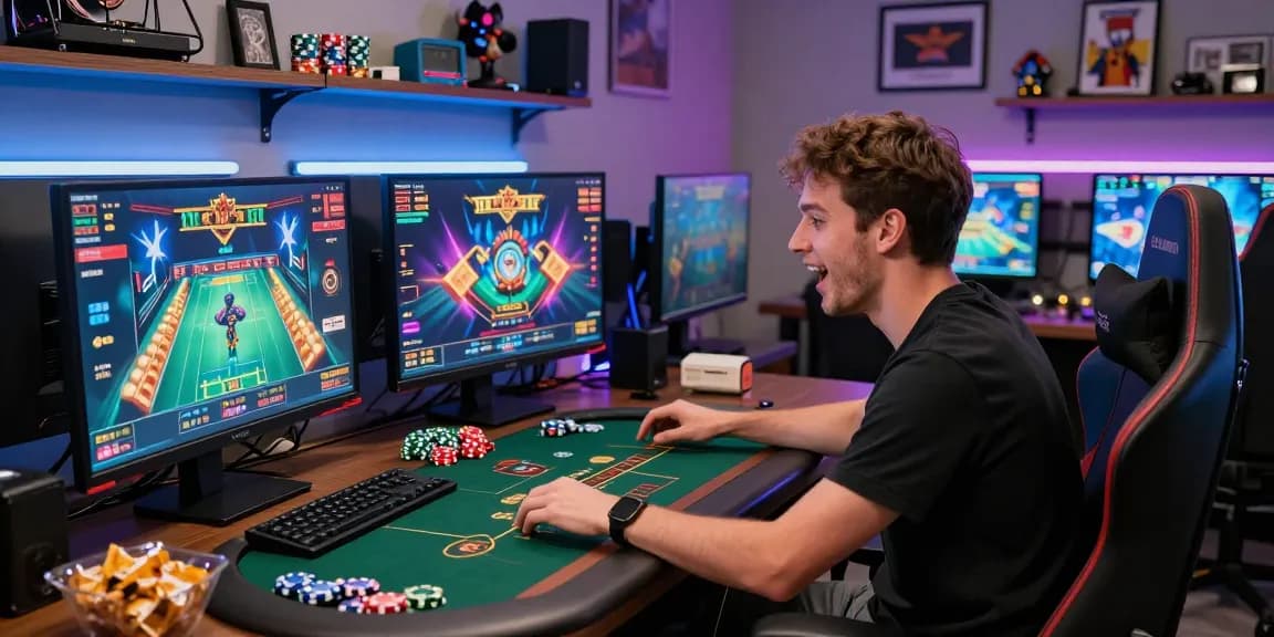 Engaged player enjoying 鉅城's live dealer game in vibrant gaming room.
