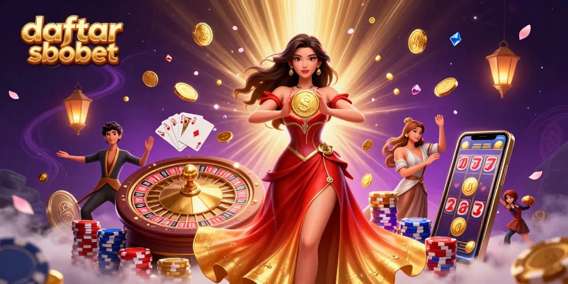 Engage in daftar sbobet with a stunning Asian character showcasing wealth through golden coins and gems.