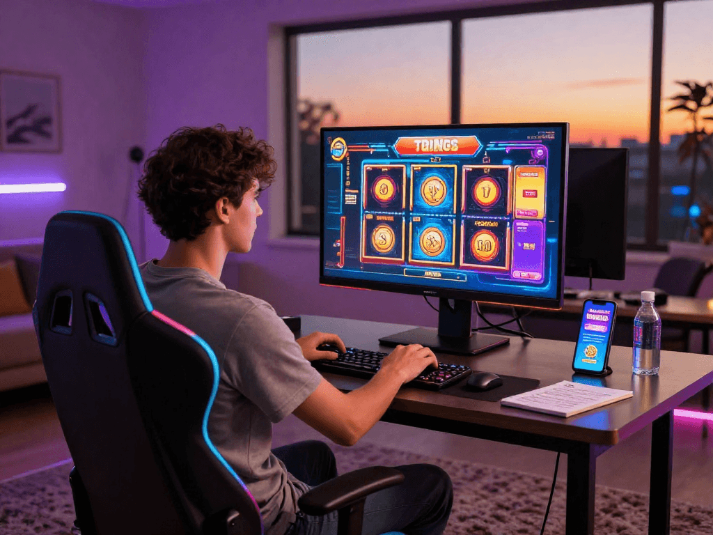 Player enjoying agen gacor online slot game with vibrant graphics and cozy atmosphere