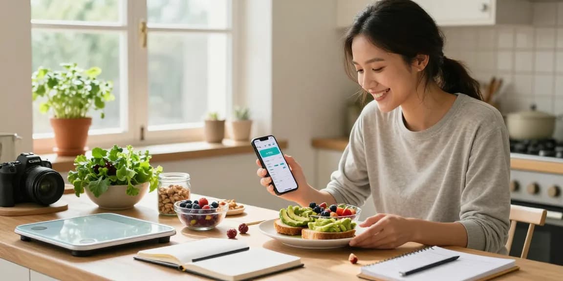 Tracking a healthy meal with the best AI calorie tracker in a bright kitchen.