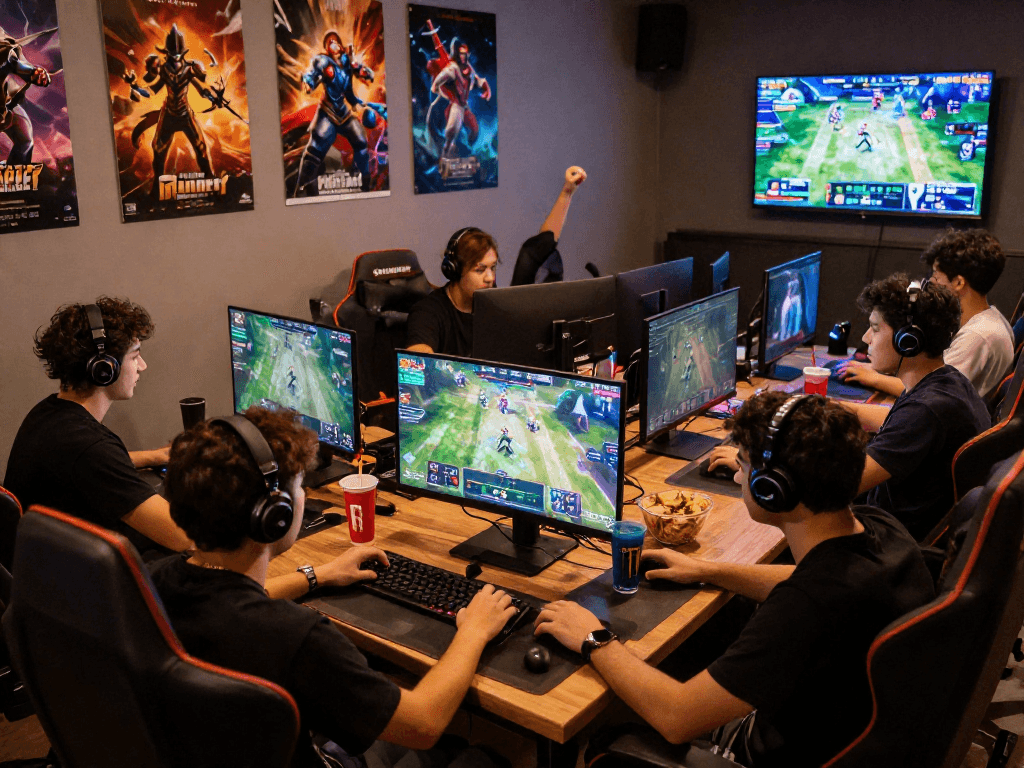 Exciting gaming lounge with players enjoying rokok88 and vibrant energy