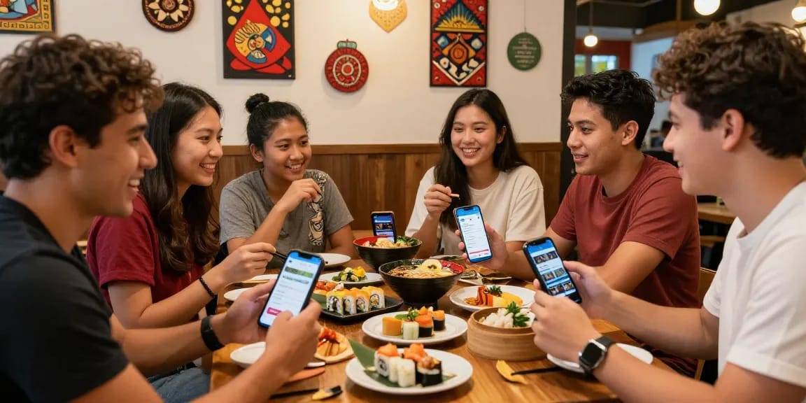 Engaging group of friends discussing Asian culture with dishes at cafe, incorporating https://hanadultalk.com in their conversation.