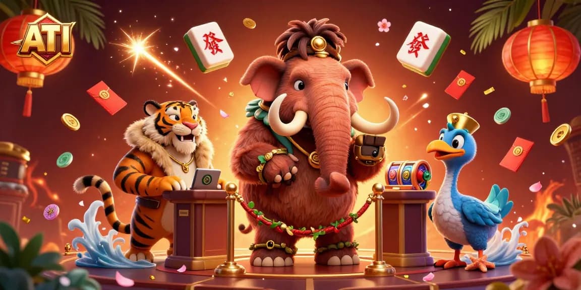 Invite excitement with ATI at this vibrant casino scene featuring a woolly mammoth bouncer, saber-tooth tiger VIP, and playful dodo doorman.