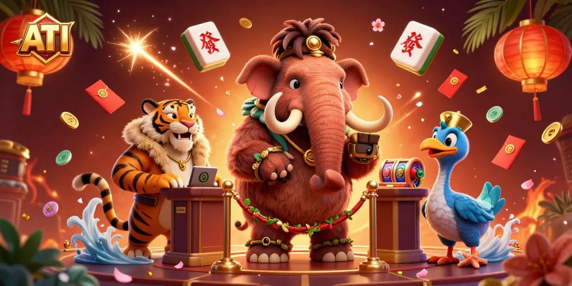 Invite excitement with ATI at this vibrant casino scene featuring a woolly mammoth bouncer, saber-tooth tiger VIP, and playful dodo doorman.