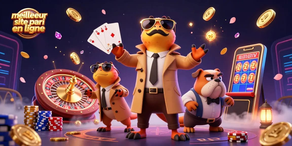 Découvrez le meilleur site pari en ligne avec cette illustration en 3D captivante montrant des raptors en trench coat au casino.
