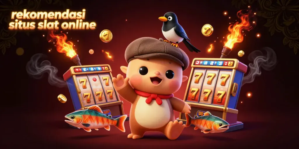 Rekomendasi situs slot online dengan ilustrasi lucu Nessie dan elemen mesin slot.