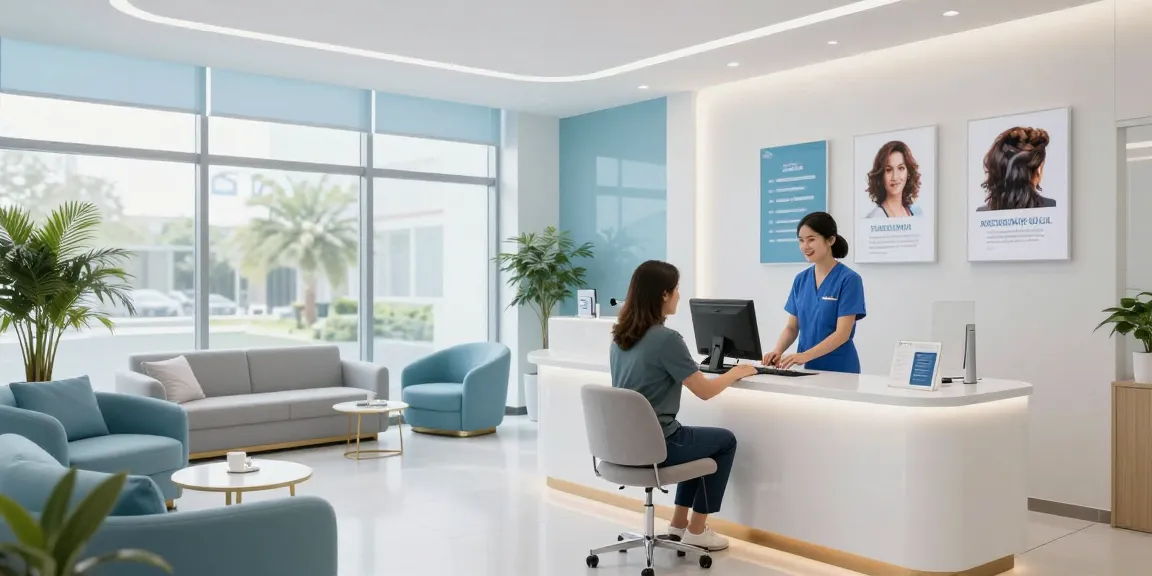 Hair transplant turkey services at a modern health clinic reception, showcasing compassionate patient care.